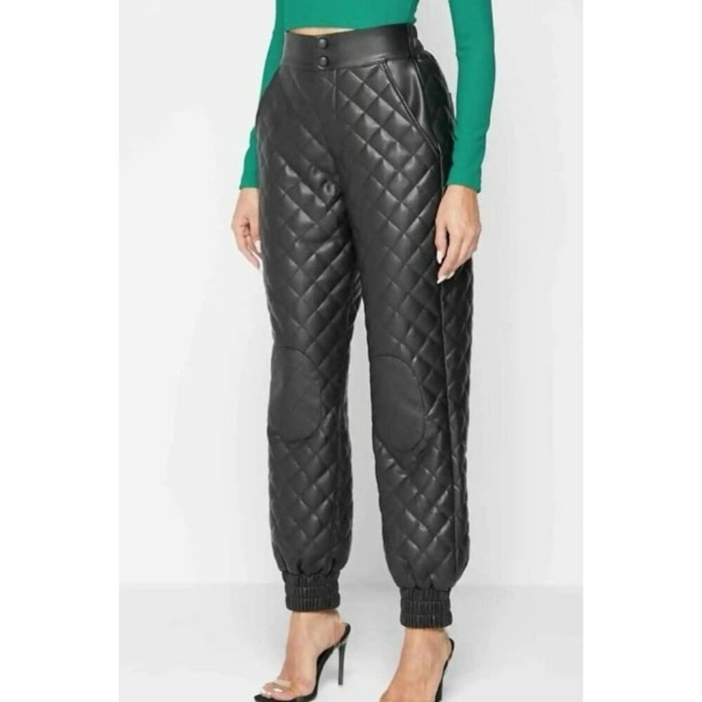 Manière De Voir Women’s Vegan Leather Quilted Joggers Size 0 | High Waist Faux L